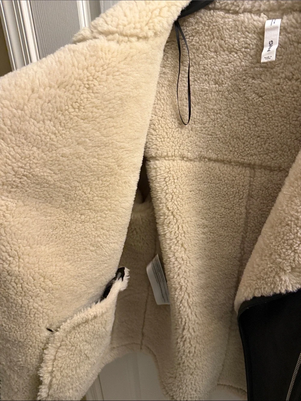 Mango Black Faux Leather Jacket with Cream Sherpa Lining